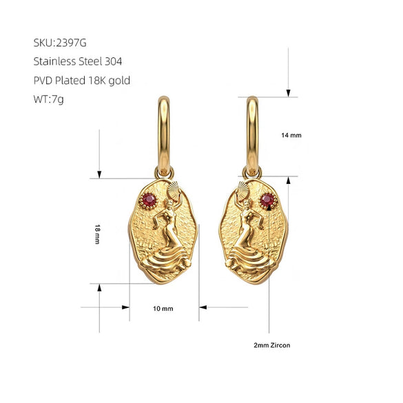 Retro Goddess Relief Stainless Steel Jewelry Set With Red Zircon Necklace Earrings Bracelet And Ring