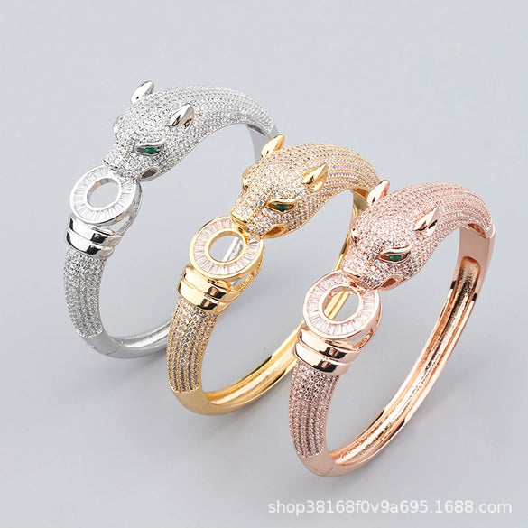 Retro Gold Plated Copper Leopard Bracelet And Ring Jewelry Set With Electroplated Animal Zodiac Design For Men And Women