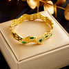 Retro Gold Plated Irregular Inlaid Emerald Gem Stainless Steel Women Bracelet