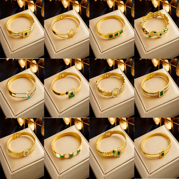 Retro Gold Plated Irregular Inlaid Emerald Gem Stainless Steel Women Bracelet