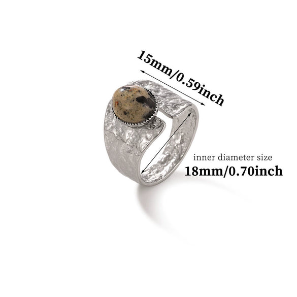 Retro Gold Plated Stainless Steel Stackable Ring With Wide Hammered Geometric Face And Natural Stone Accent For Women