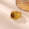 Retro Gold Plated Stainless Steel Stackable Ring With Wide Hammered Geometric Face And Natural Stone Accent For Women