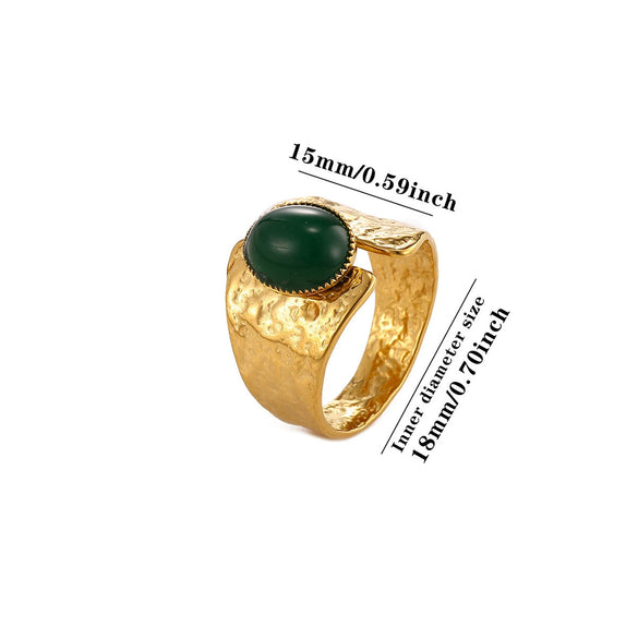 Retro Gold Plated Stainless Steel Stackable Ring With Wide Hammered Geometric Face And Natural Stone Accent For Women