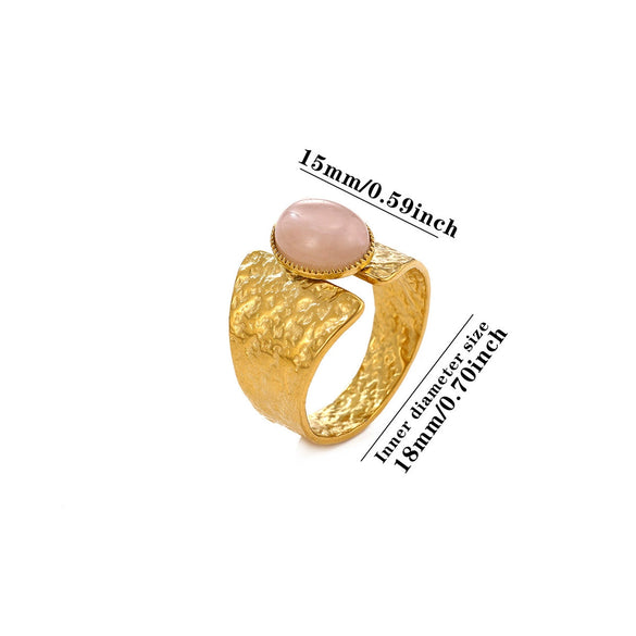 Retro Gold Plated Stainless Steel Stackable Ring With Wide Hammered Geometric Face And Natural Stone Accent For Women
