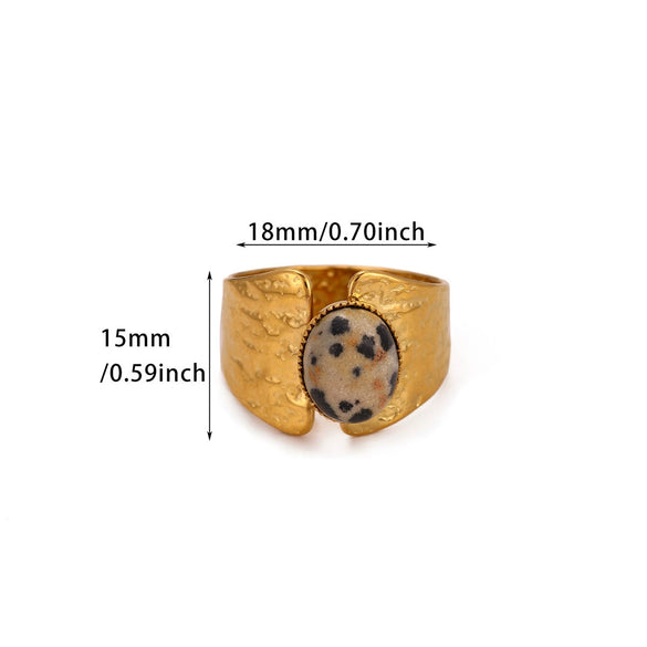 Retro Gold Plated Stainless Steel Stackable Ring With Wide Hammered Geometric Face And Natural Stone Accent For Women