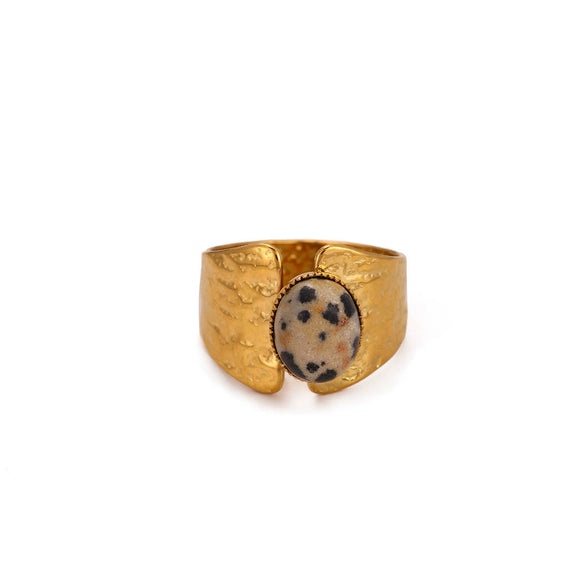 Retro Gold Plated Stainless Steel Stackable Ring With Wide Hammered Geometric Face And Natural Stone Accent For Women