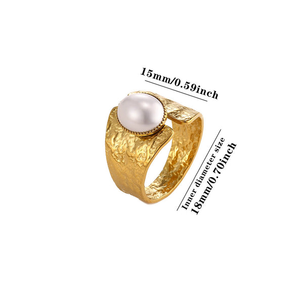 Retro Gold Plated Stainless Steel Stackable Ring With Wide Hammered Geometric Face And Natural Stone Accent For Women