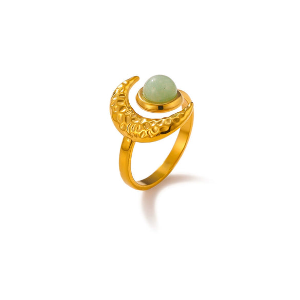 Retro Gold Plated Stainless Steel Wave Open Ring With Star Moon And Opal Details For Women