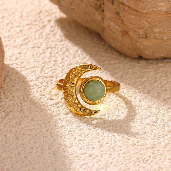 Retro Gold Plated Stainless Steel Wave Open Ring With Star Moon And Opal Details For Women