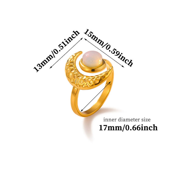 Retro Gold Plated Stainless Steel Wave Open Ring With Star Moon And Opal Details For Women