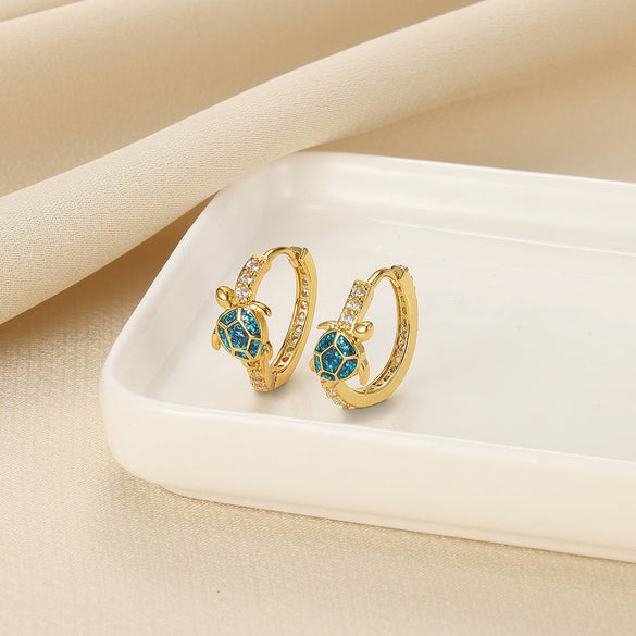 Retro Gold Plated Turtle Earrings Copper Animal Design Set With Diamonds Unisex
