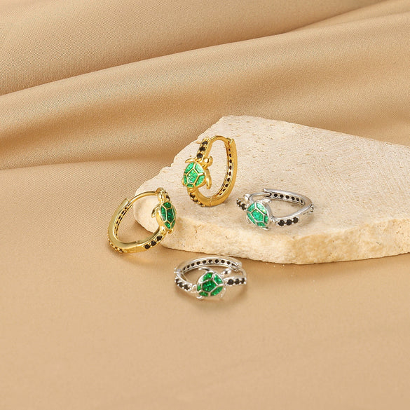 Retro Gold Plated Turtle Earrings Copper Animal Design Set With Diamonds Unisex