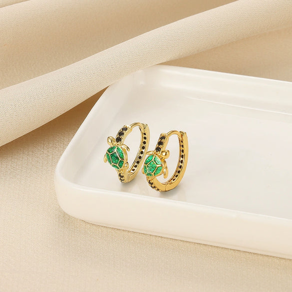 Retro Gold Plated Turtle Earrings Copper Animal Design Set With Diamonds Unisex