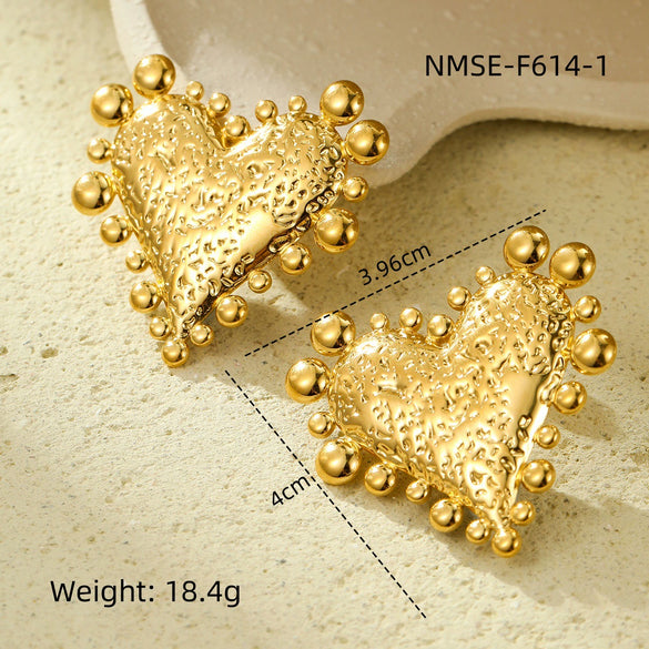 Retro Gold Stainless Steel Earrings With Love Hammer Pattern And Electroplating For Women