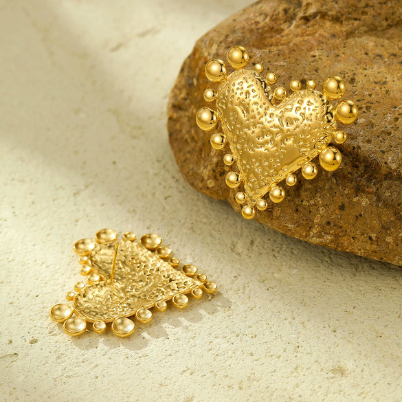 Retro Gold Stainless Steel Earrings With Love Hammer Pattern And Electroplating For Women