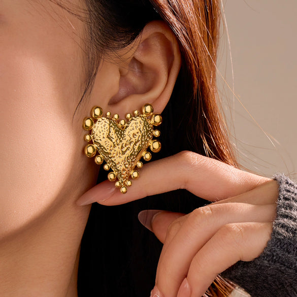 Retro Gold Stainless Steel Earrings With Love Hammer Pattern And Electroplating For Women