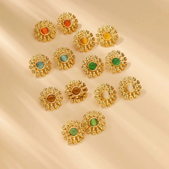 Retro Gold Stainless Steel Pearl Cat's Eye Gemstone Pleated Flower Earrings With Electroplating Design
