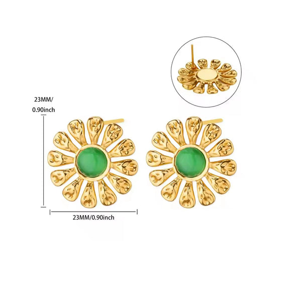 Retro Gold Stainless Steel Pearl Cat's Eye Gemstone Pleated Flower Earrings With Electroplating Design