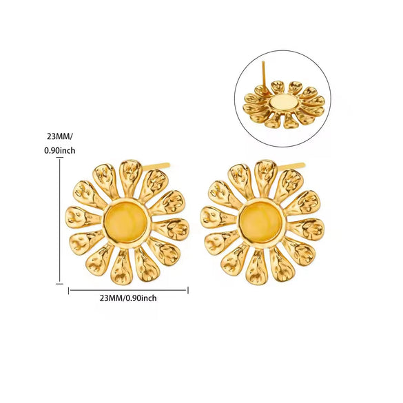Retro Gold Stainless Steel Pearl Cat's Eye Gemstone Pleated Flower Earrings With Electroplating Design