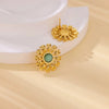 Retro Gold Stainless Steel Pearl Cat's Eye Gemstone Pleated Flower Earrings With Electroplating Design