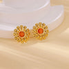 Retro Gold Stainless Steel Pearl Cat's Eye Gemstone Pleated Flower Earrings With Electroplating Design