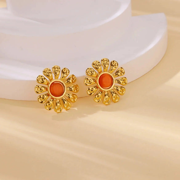 Retro Gold Stainless Steel Pearl Cat's Eye Gemstone Pleated Flower Earrings With Electroplating Design