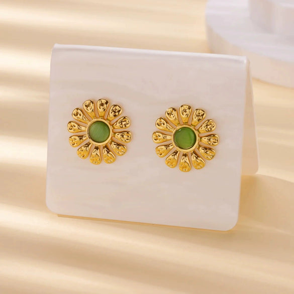 Retro Gold Stainless Steel Pearl Cat's Eye Gemstone Pleated Flower Earrings With Electroplating Design