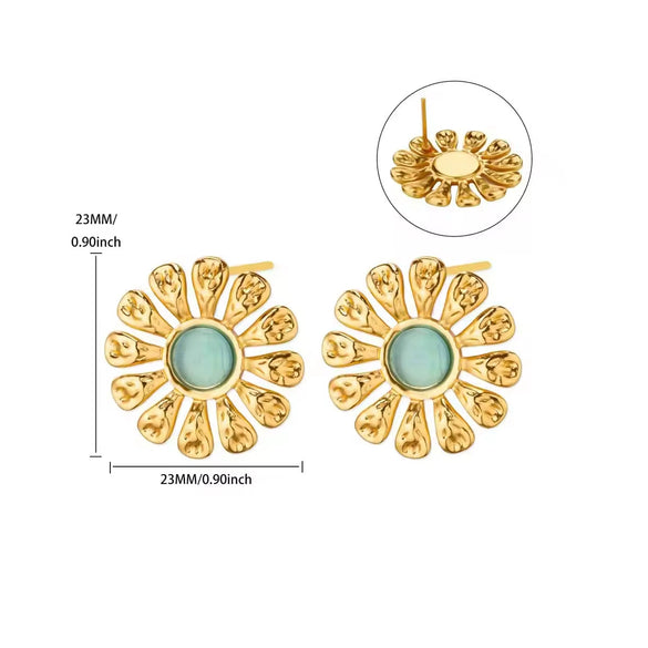 Retro Gold Stainless Steel Pearl Cat's Eye Gemstone Pleated Flower Earrings With Electroplating Design