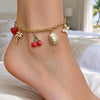 Retro Gold Tone Alloy Anklet With Cherry Heart Butterfly And Palm Tree Charms Geometric Oilbased Resin Inlay And Secure Clasp Unisex Jewelry