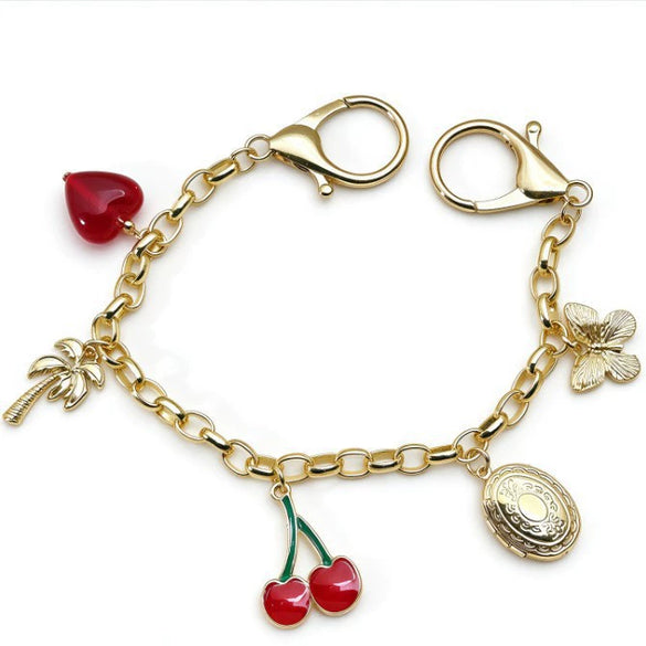 Retro Gold Tone Alloy Anklet With Cherry Heart Butterfly And Palm Tree Charms Geometric Oilbased Resin Inlay And Secure Clasp Unisex Jewelry