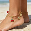 Retro Gold Tone Alloy Anklet With Cherry Heart Butterfly And Palm Tree Charms Geometric Oilbased Resin Inlay And Secure Clasp Unisex Jewelry