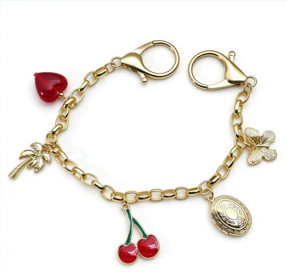 Retro Gold Tone Alloy Anklet With Cherry Heart Butterfly And Palm Tree Charms Geometric Oilbased Resin Inlay And Secure Clasp Unisex Jewelry