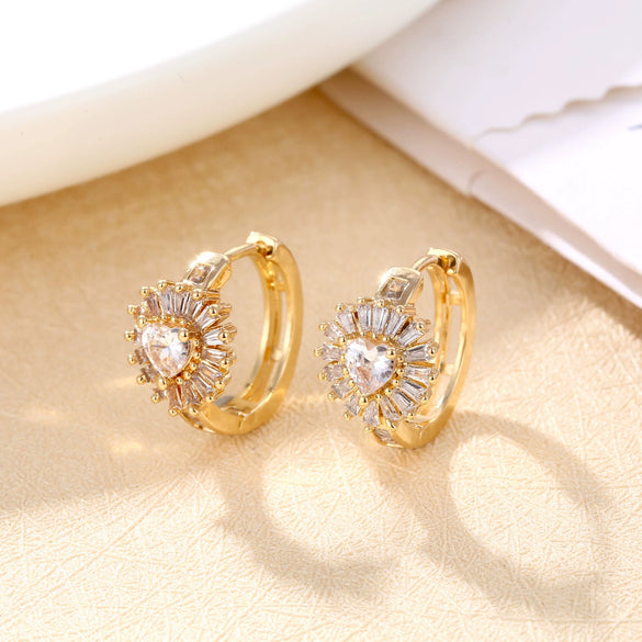 Retro Gold Tone Copper Geometric Heart Inlaid Earrings Fashion Metal Women's Individually Packaged Jewelry
