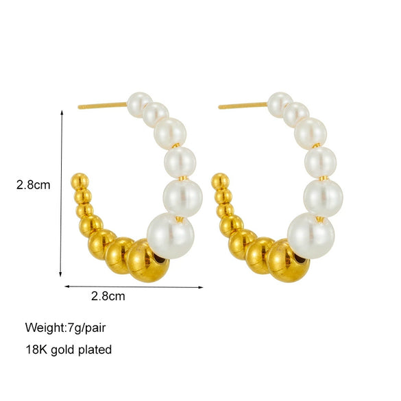 Retro Gold White Ball Geometric Titanium Steel Beaded Earrings And Ring With Electroplating For Unisex Fashion Accessories