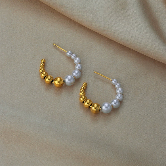 Retro Gold White Ball Geometric Titanium Steel Beaded Earrings And Ring With Electroplating For Unisex Fashion Accessories