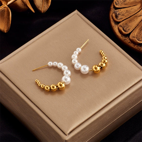 Retro Gold White Ball Geometric Titanium Steel Beaded Earrings And Ring With Electroplating For Unisex Fashion Accessories