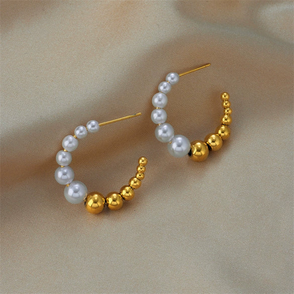 Retro Gold White Ball Geometric Titanium Steel Beaded Earrings And Ring With Electroplating For Unisex Fashion Accessories