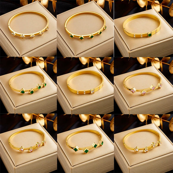Retro Goldplated Polished Stainless Steel Love Sugar Cube Emerald Women's Jewelry Bracelet