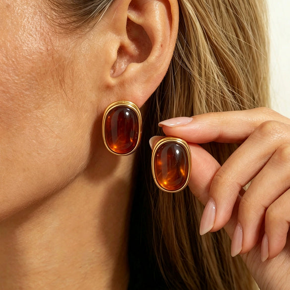 Retro Gradient Resin Gemstone Geometric Square Stud Earrings With Gold Plated Stainless Steel Posts