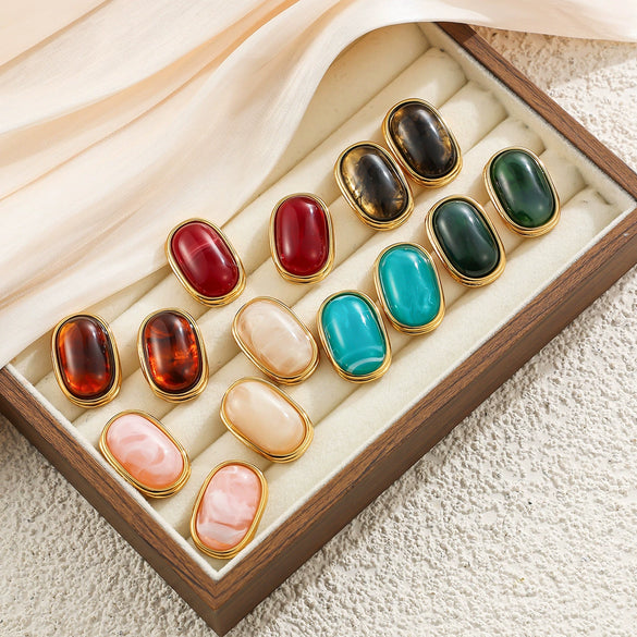 Retro Gradient Resin Gemstone Geometric Square Stud Earrings With Gold Plated Stainless Steel Posts