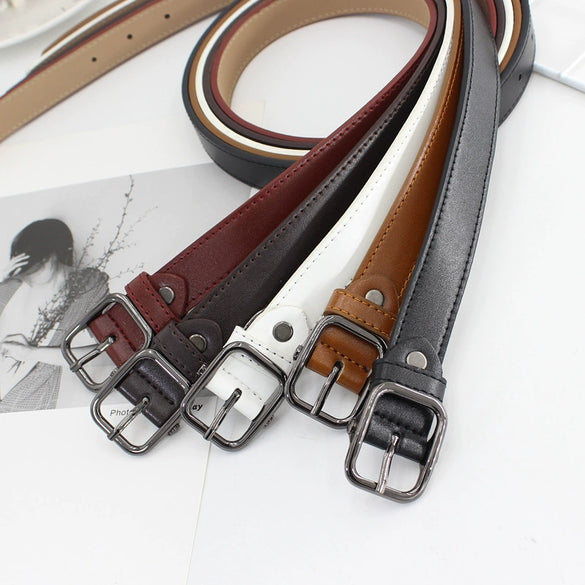 Retro Gun Black Alloy Buckle Faux Leather Fashion Belt For Women All Match Thin Jeans Style