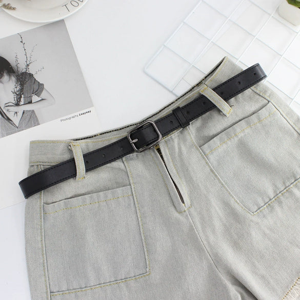 Retro Gun Black Alloy Buckle Faux Leather Fashion Belt For Women All Match Thin Jeans Style