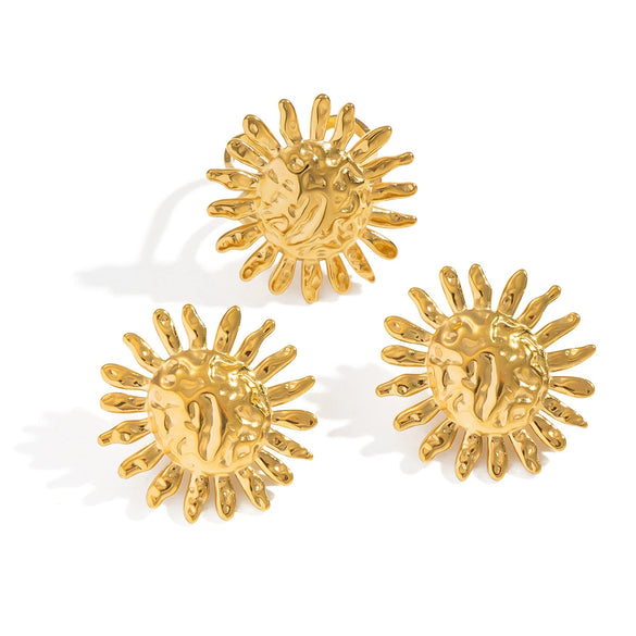 Retro Hammered Geometric Stainless Steel Stud Earrings And Ring For Girls With Electroplating High End Jewelry Accessories