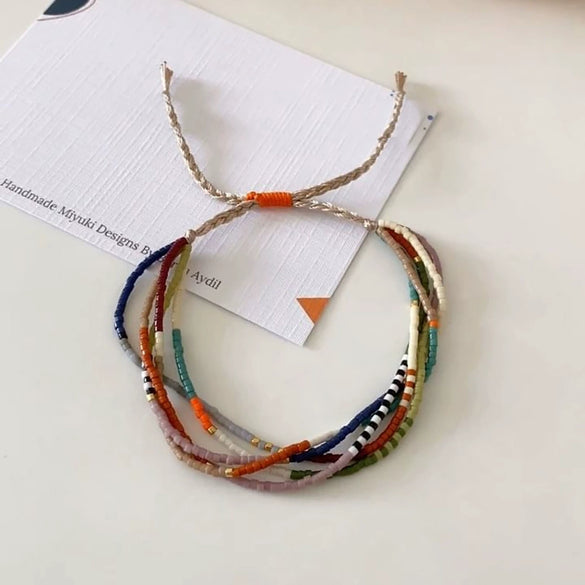 Retro Hand Woven Beaded Miyuki Rice Beads Multi Layer Stacked Girls' Bracelet With Geometric Pattern And Pearl Material