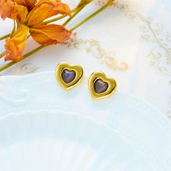 Retro Heart Shaped Glass Stone Opal Pendant Titanium Steel Geometric Earrings With Electroplating For Women