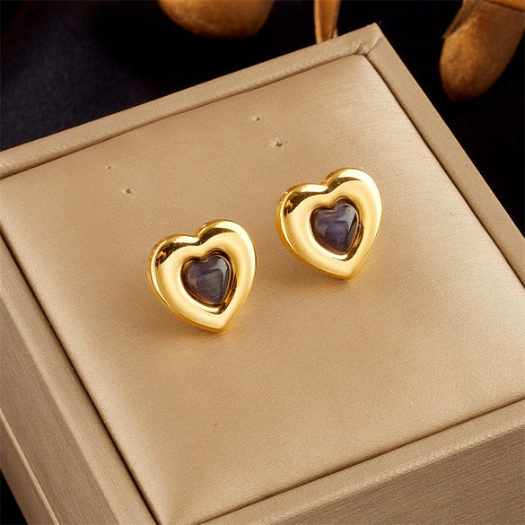 Retro Heart Shaped Glass Stone Opal Pendant Titanium Steel Geometric Earrings With Electroplating For Women