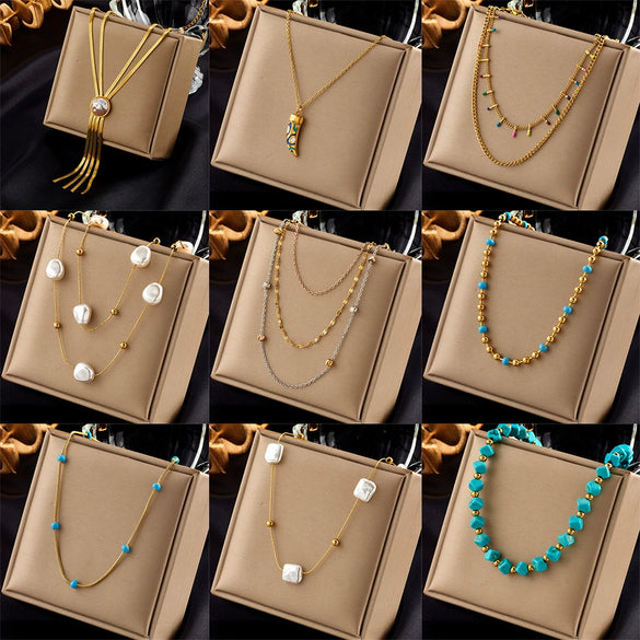 Retro High Grade Sense Chain Tassel Stainless Steel Pearl Beaded Oil Drop Pendant Necklace With Electroplating Treatment