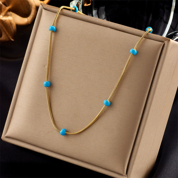 Retro High Grade Sense Chain Tassel Stainless Steel Pearl Beaded Oil Drop Pendant Necklace With Electroplating Treatment