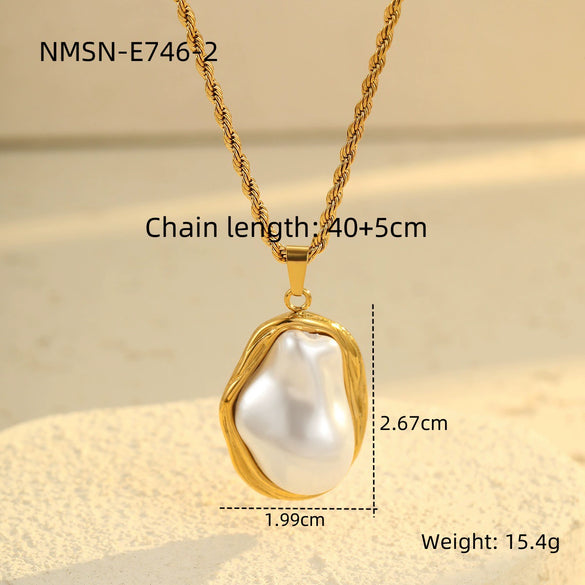 Retro Highend Geometric Stainless Steel Titanium Steel Baroque Pearl Earrings And Clavicle Chain With Electroplating