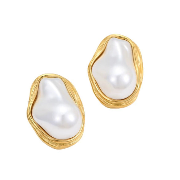 Retro Highend Geometric Stainless Steel Titanium Steel Baroque Pearl Earrings And Clavicle Chain With Electroplating